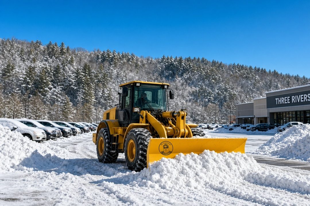 A yellow wheel loader with a DC Approved plow blade pushing a pile of snow across a store parking lot, with parked cars, tall snow piles, a gray store building and a snow-covered wooded hillside under a clear blue sky, in Pittsburgh, Pennsylvania