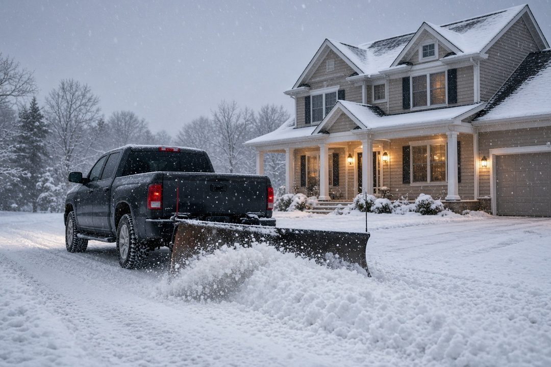 A dark pickup with a plow blade at its rear pushing snow down a driveway in front of a two-story house with lit windows and snow on the roof, in Pittsburgh, Pennsylvania