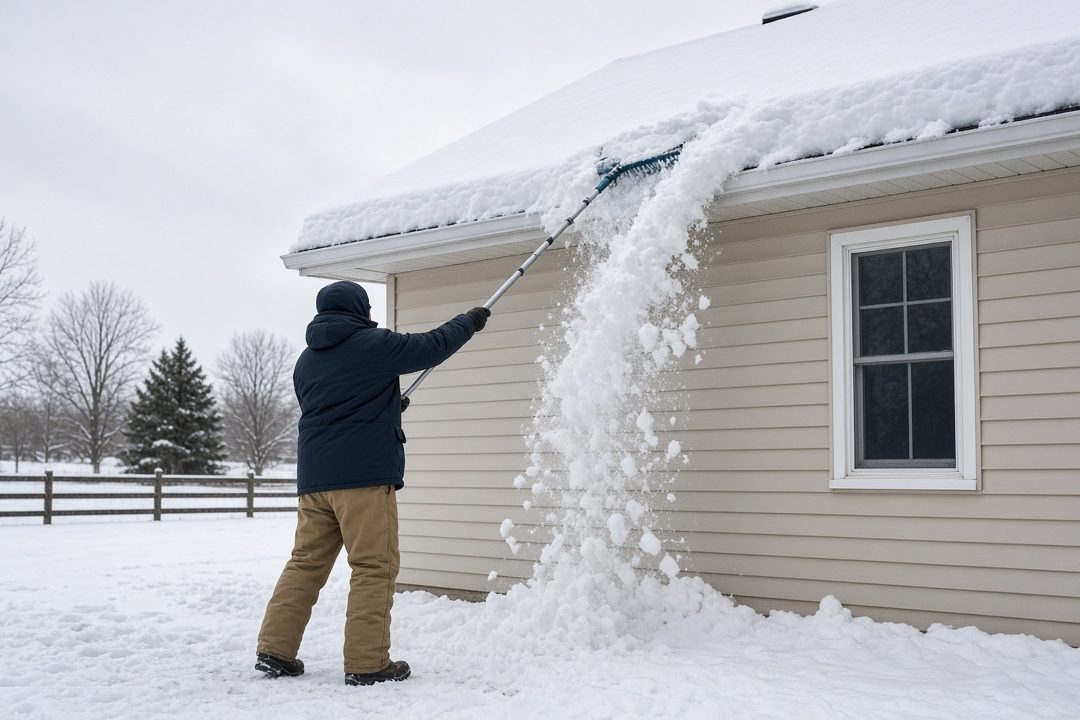 A person standing on the ground pulling snow off the roof edge of a house with a long roof rake, in Pittsburgh, Pennsylvania