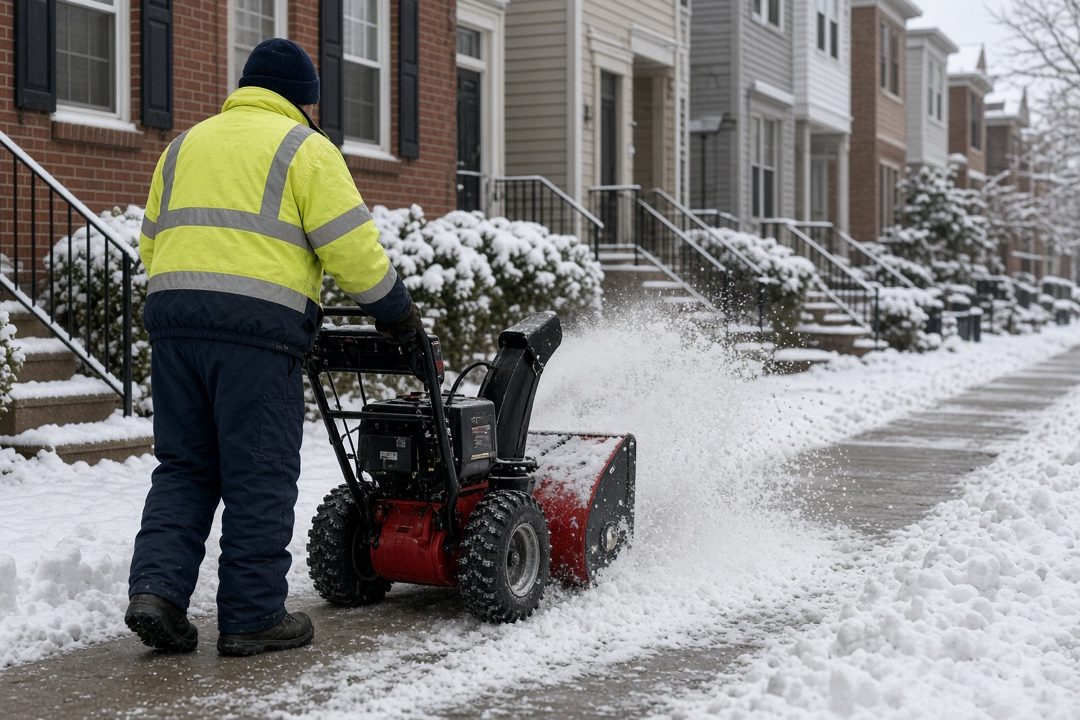 A worker in a yellow high-visibility jacket clearing a snowy sidewalk with a red two-stage snow blower in front of a row of brick townhomes, in Pittsburgh, Pennsylvania